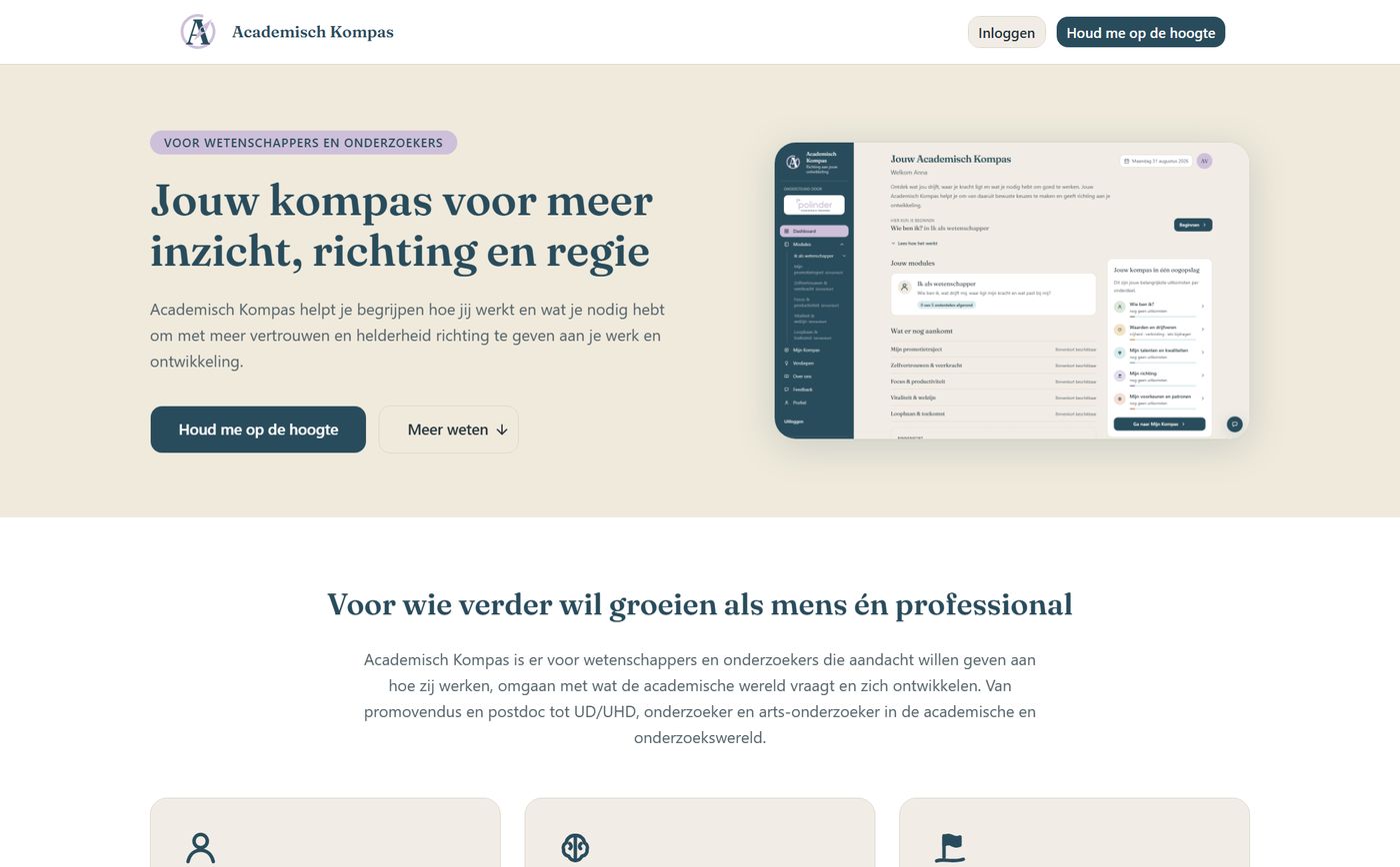 De startpagina van Academisch Kompas met de kop Jouw kompas voor meer inzicht, richting en regie.
